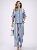 Faelith | Elegancki mauve pastelowy top i lniane spodnie w paski
