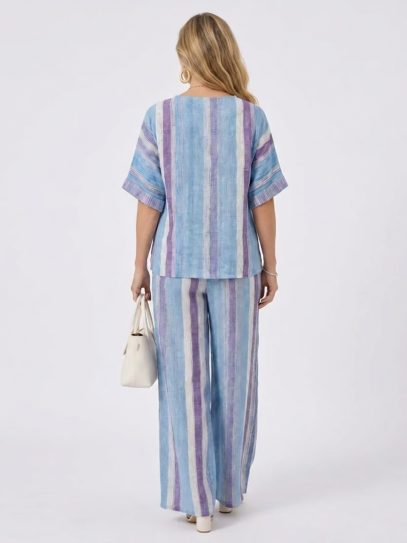 Faelith | Elegancki mauve pastelowy top i lniane spodnie w paski